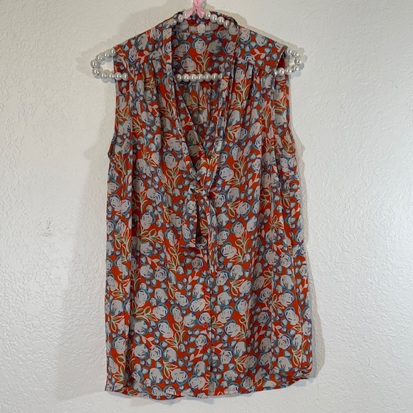 Pleione Crepe Tie Neck Blouse Floral Sleeveless - Picture 2 of 8